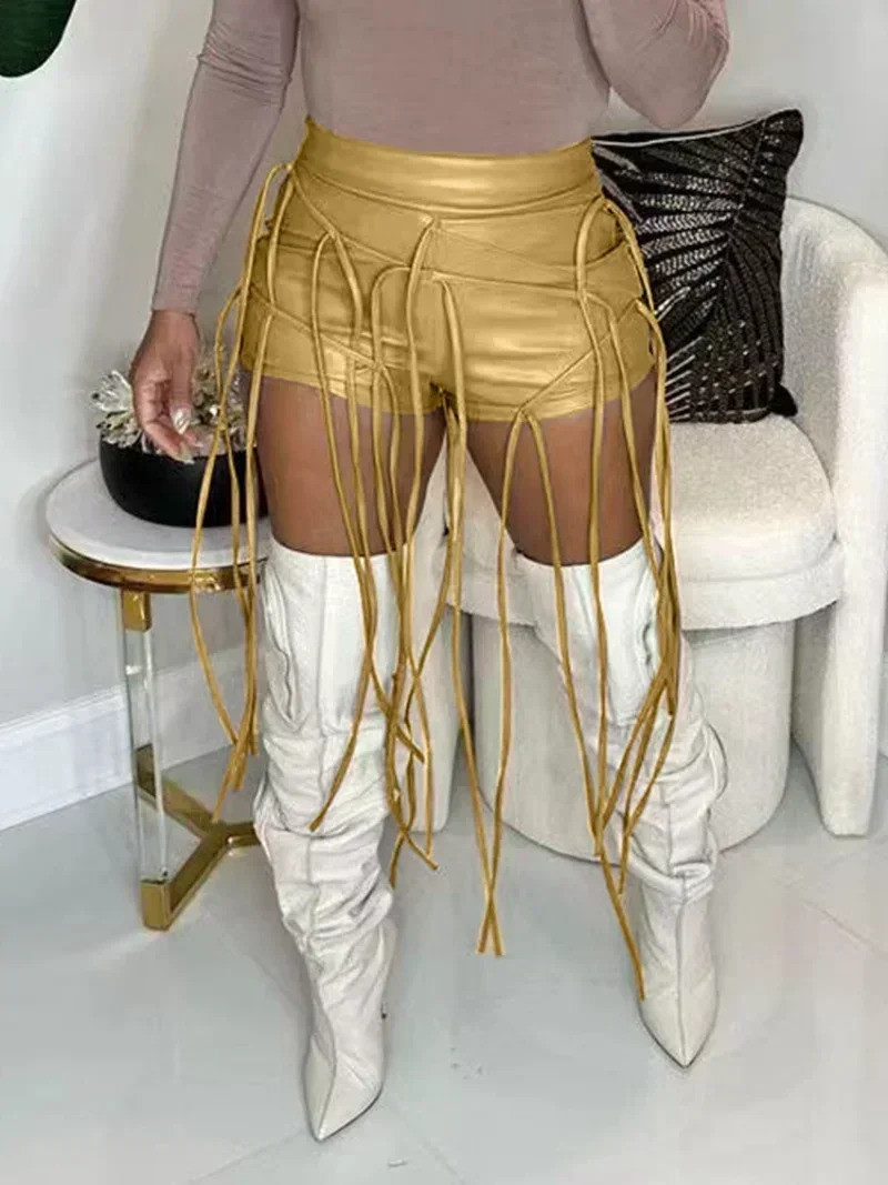 KEXU Sexy PU Leather Rope Tassle Decoration Bodycon Shorts Streetwear Fashion Clothes Club High Waist Women 250213