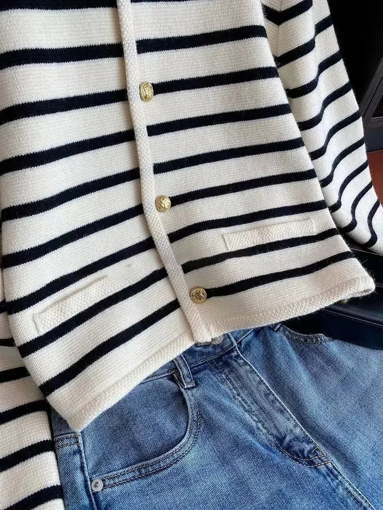 Women Singlebreasted Cardigan Sweater Knit Striped Patchwork Sweet Coat Office Fashion 250211