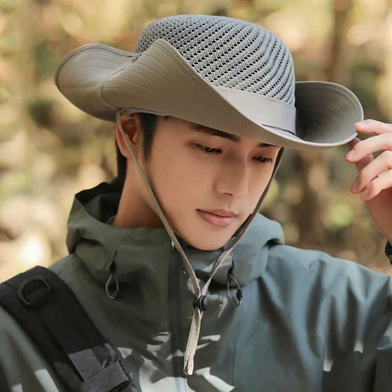 10cm wide Brim mens sun hat UPF 50+Boonie hat summer UV protection outdoor fishing hiking hat breathable mesh bucket hat W250217