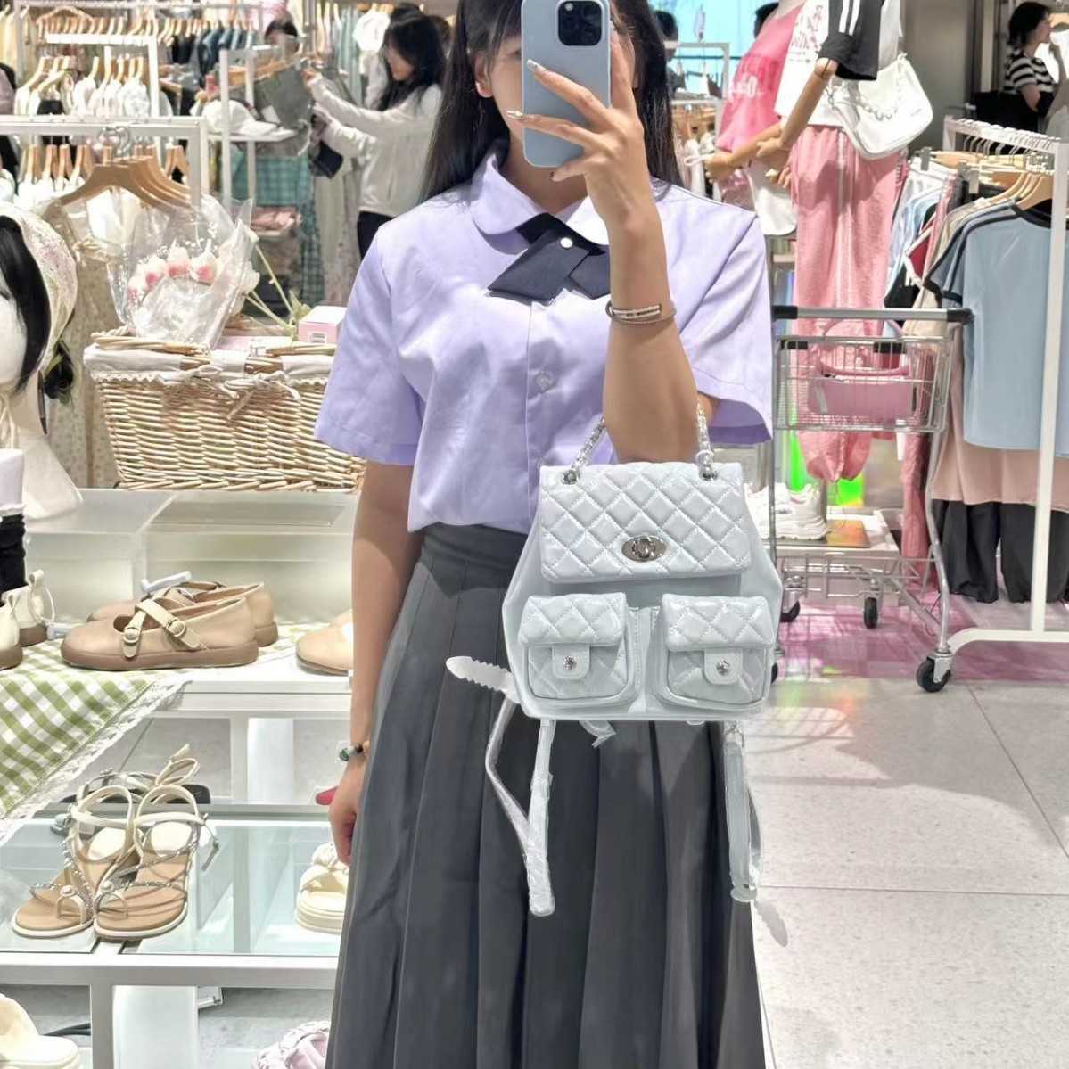 Designer bag Sanfu Same Style Backpack New Gold Small Fragrant Wind Ling Grid Chain Solid Color Double Front Bag Backpack Commuter Womens Bag Y250217