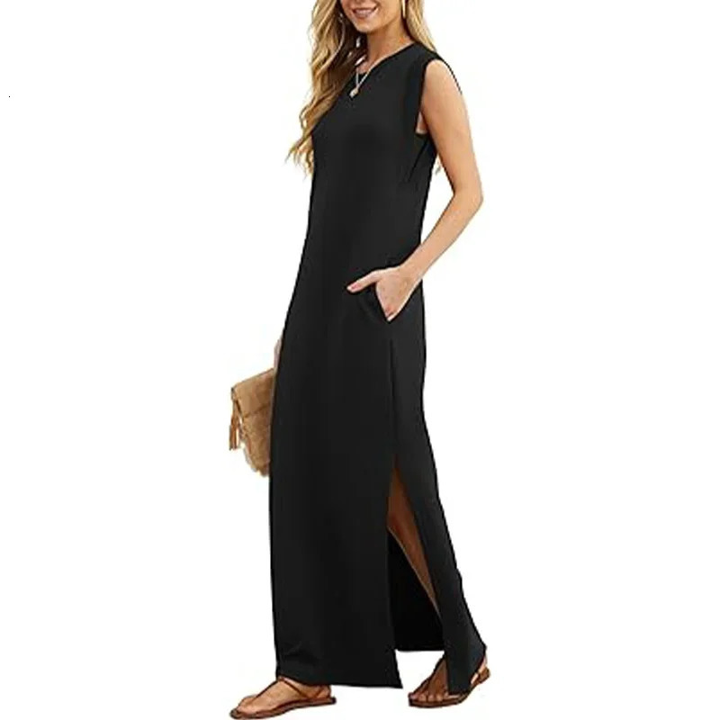 Casual Maxi Dress For Women Summer Loose Sleeveless Long Dresses Elegant Lady O Neck Solid Color Boho Beach Sundress Vestidos 250214