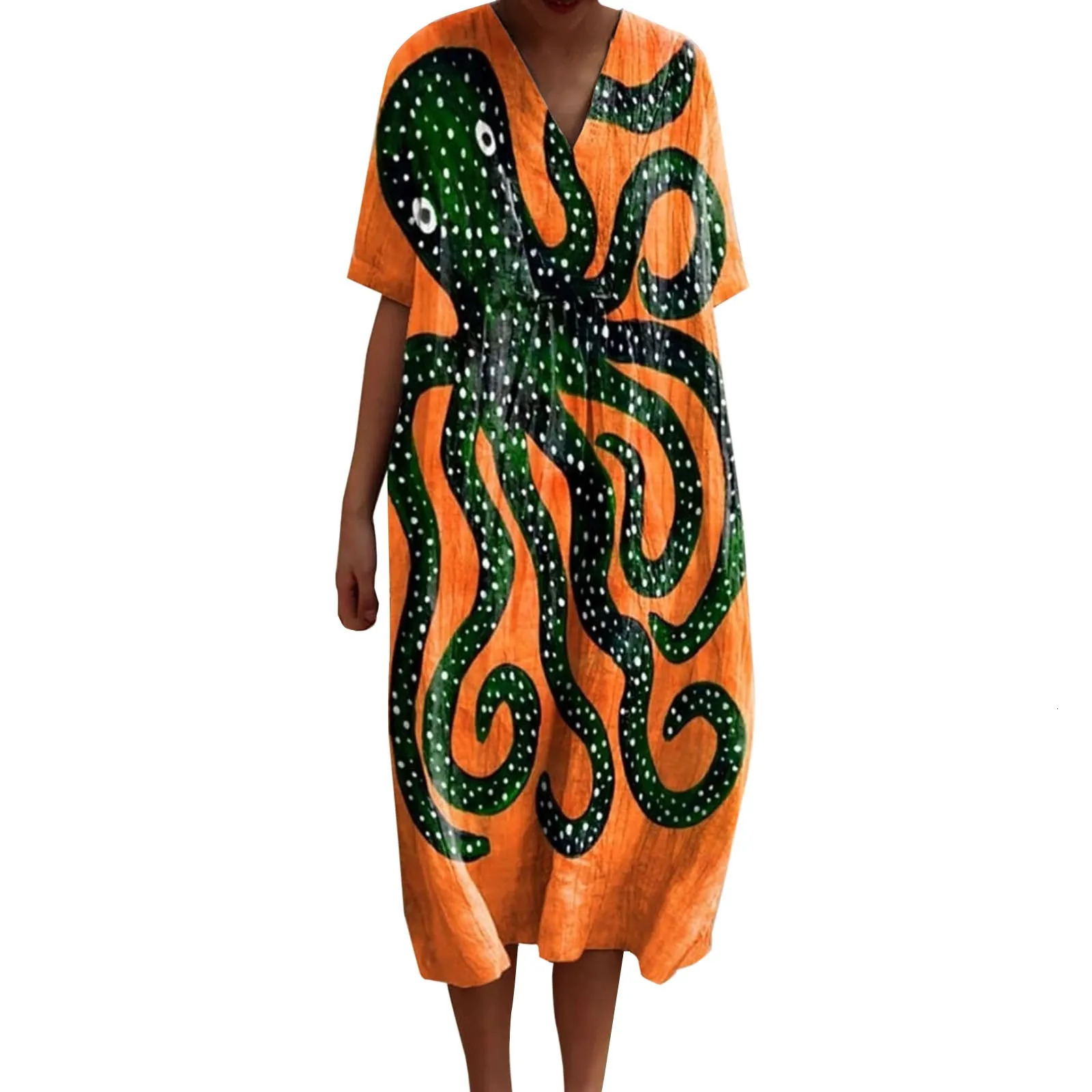 Womens Vintage Ocean Fish Art Print V-Neck Half Sleeve Flowy Dress Bohemian Style Casual Loose Lady Long Beach Party Dress 250213