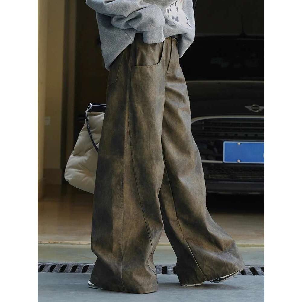 Vintage High Waist Pu Leather Pants For Women Wide Leg Trousers Streetwear Clothing Female 2025 Winter New 26D7603