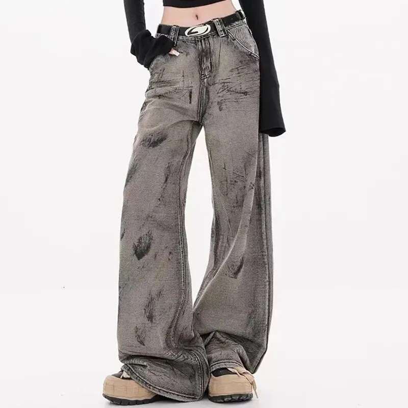Grey Jeans Women Y2k Vintage High Waisted Straight Trouser American Streetwear Loose Girl Wide Leg Classic Denim Pants