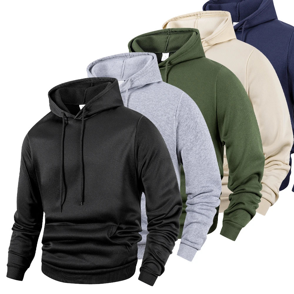 Mens Casual Thicken Hoodies Autumn Winter Long Sleeve Pullover Fashion Loose Solid Color Sweatshirt Spring Warm Outdoor Hoody 250214