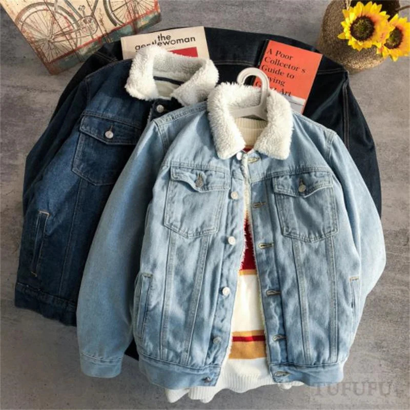 Plus velvet longsleeved jacket mens winter style denim cotton lamb wool Korean thickened 250212