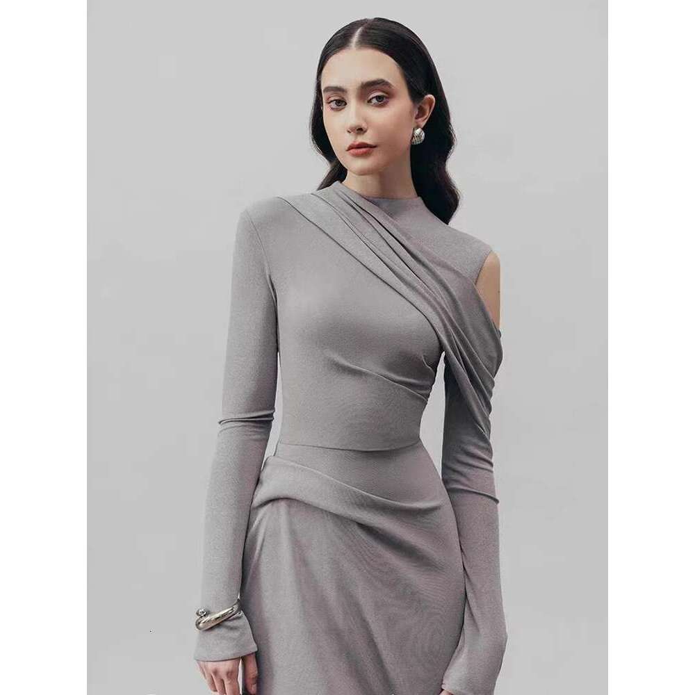 Elegant Women's Dress Half High Collar Hollow Out Asymmetric Long Sleeves Mid-Calf Party Dresses 2025 Spring New
