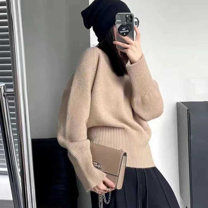 Korean Style Fashion Casual Solid Color Round Neck High Quality Pullover Sweater Retro Elegant Long Sleeved Womens Top 250211