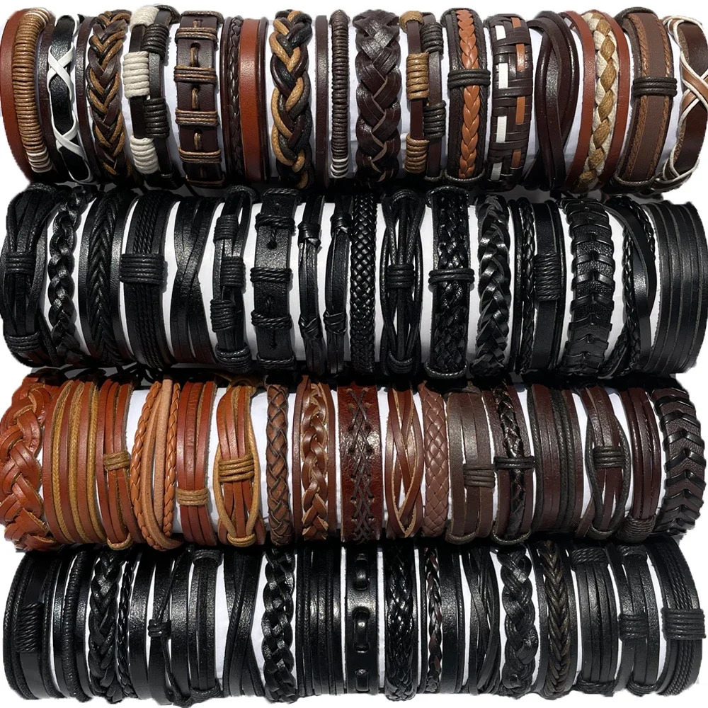 25Pcs/lot Wholesale Random Retro Multi-layer Leather Bracelet For Men Women Handmade Charm Bracelet Wrap Jewelry NM3 250210