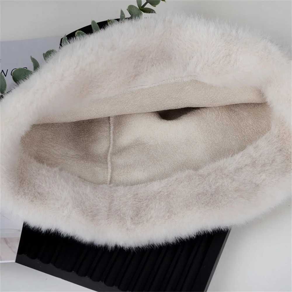 WHITE Faux Fur Fisherman Hats Antumn Winter Thickened Warm Bucket Hat Lady Outdoor Soft Snow Fur Cap Solid Wide Brim Caps W250217