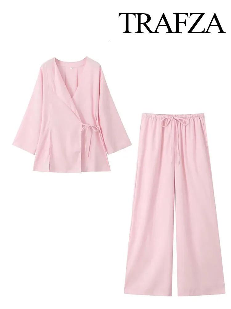 TRAFZA Spring Linen Suits For Women Fashion Linen Brown Cardigan Kimono Top Lace Up Wild Casual Womens Wide Leg Pant 250210