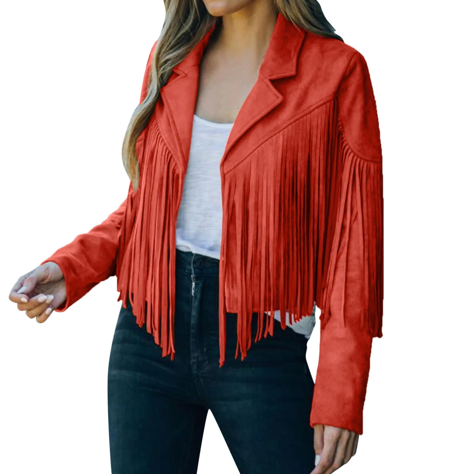 Womens Soild Short Fringe Jacket Long Sleeve Slim Tassel Lapel Coats Fashion Ladies Evening Party Cardigan Scrub Leather Jackets 250211