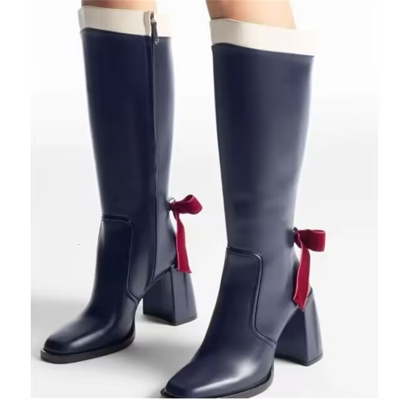 Large Bow Thick Heels, Long Boots, Color Matching, Square Toe Fashion, High For Women, Knight Boots