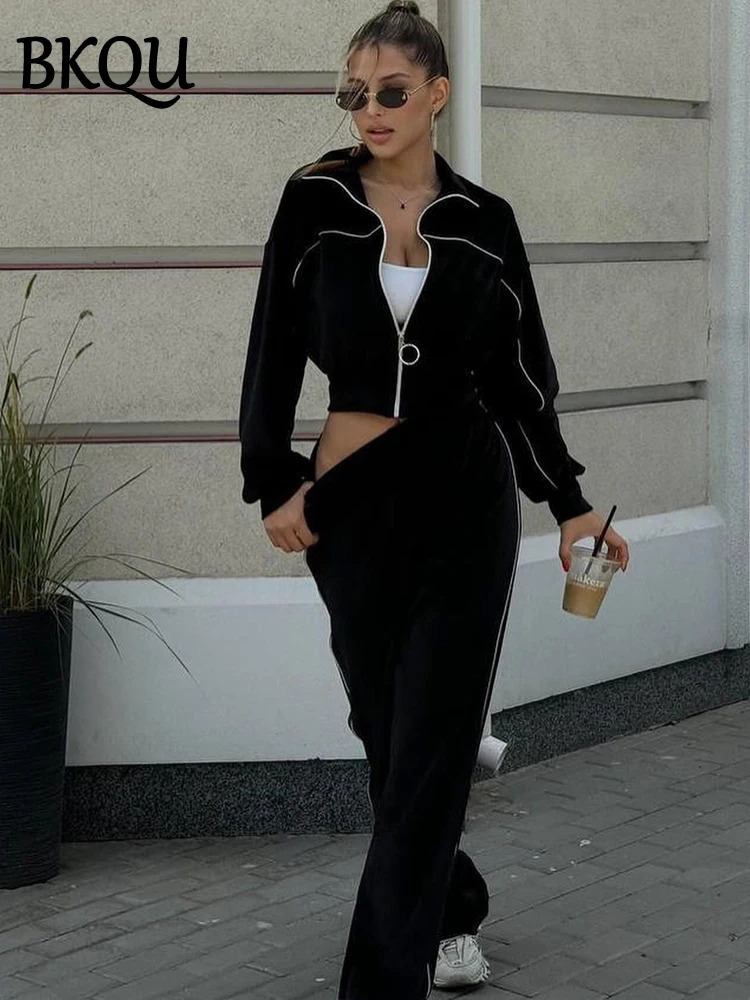 BKQU Velvet Tracksuit Women 2 Piece Set Fashion Lapel Sweatshirt Zip Jacket and Wide Leg Pants Suit Autumn Winter Y2K Streetwear 250210