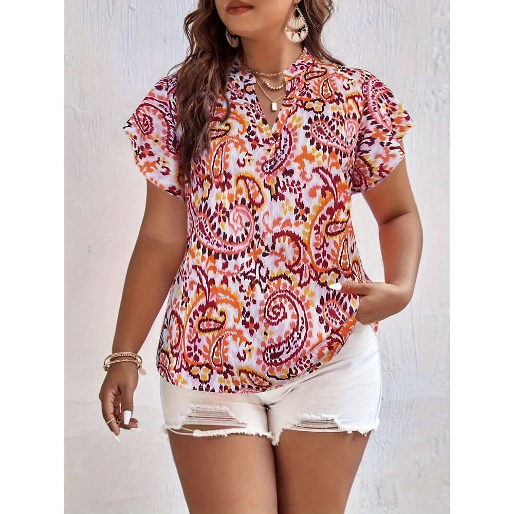 Plus Size Summer Women Elegant Print Blouses Shirt Ethnic Casual Fashion V Neck Tops Female Curve Clothing