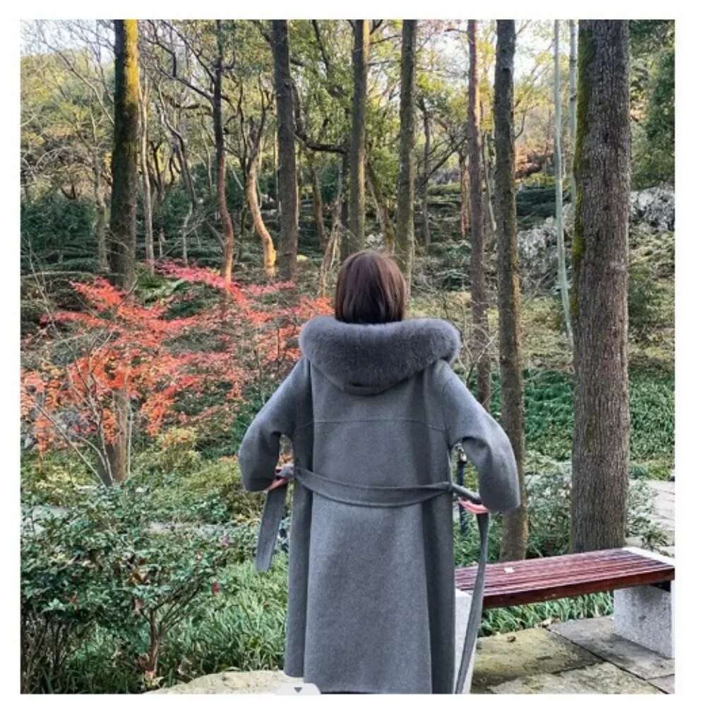Real Outerwear Wool Blends Coat Natural Fox Fur Collar Hooded Cashmere Winter Jacket for Women Streetwear High Street