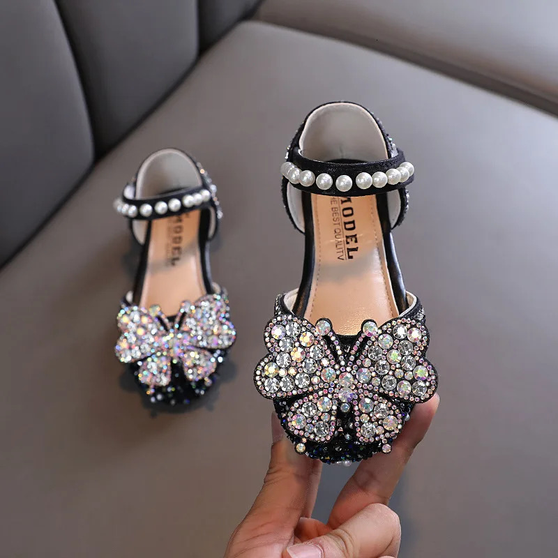Kids Sequined Bowknot Princess Sandals Girls Glitter Sandals Childrens Dance Leather Shoes Toddler Flats Shoes 250214