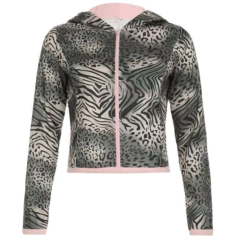 Y2K Hot Girl Coat Tiger Stripe Print Women's Aesthetic Fashion Punk Zip Up Hoodie Tops Sexy Nightclub Style Clothes