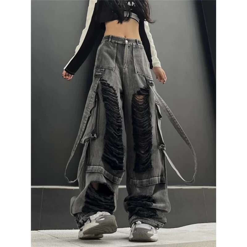 Grey Womens Ripped Jeans High Waist Vintage Classic Straight Baggy Pants Street Y2k American Style Wide Leg Denim Trouser