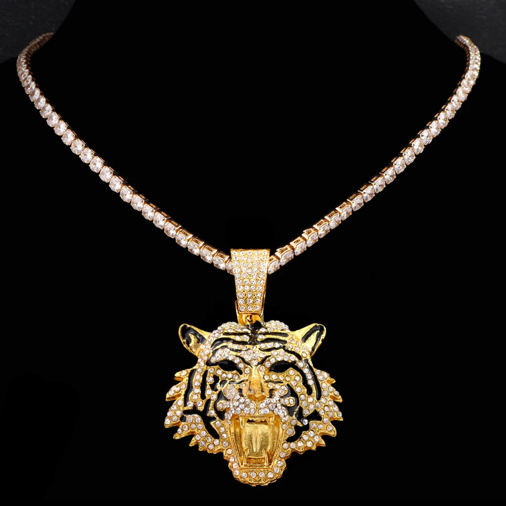 HipHop Tiger Pendant Necklace for Men Women Iced Out Cuban Link Chains Crystal Cuban CZ Stainless steel Necklaces Jewelry 250213