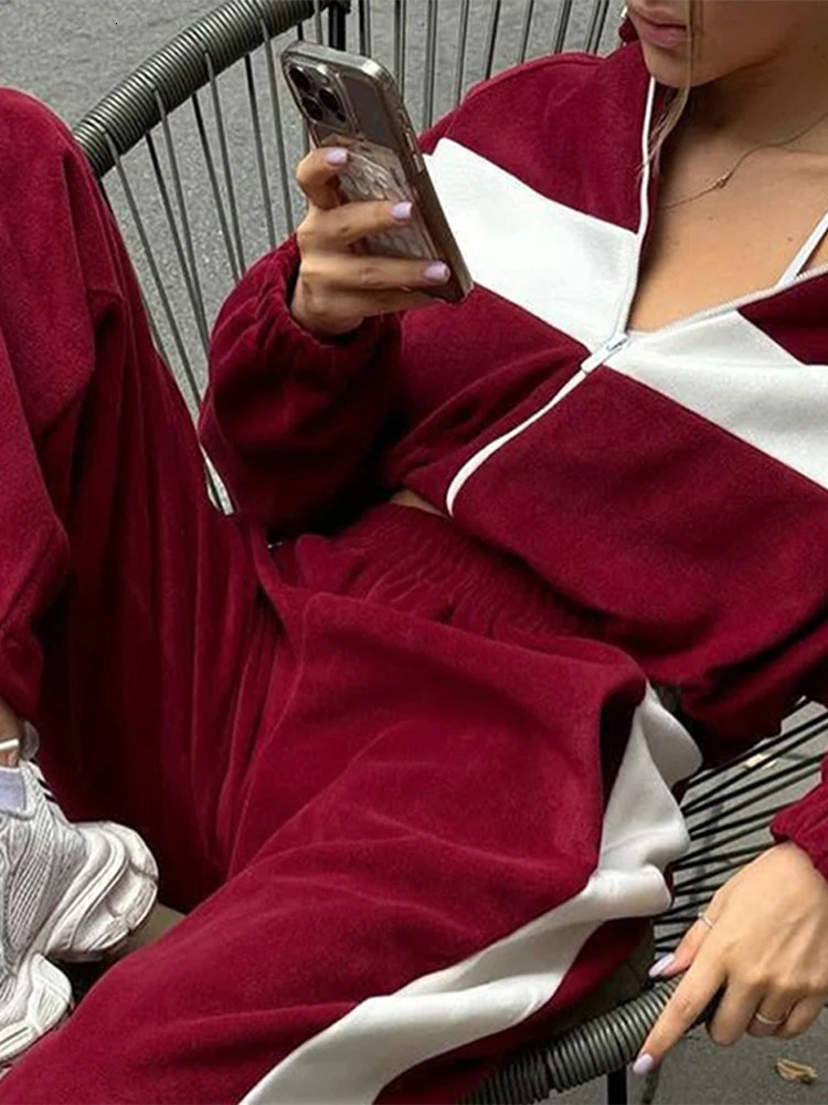 Street Sports 2 Pieces Suit Women Turn-down Collar Full Sleeves Zipper Coat Long Pants Female Set 2025 Spring Panelled Lady Sets 250210