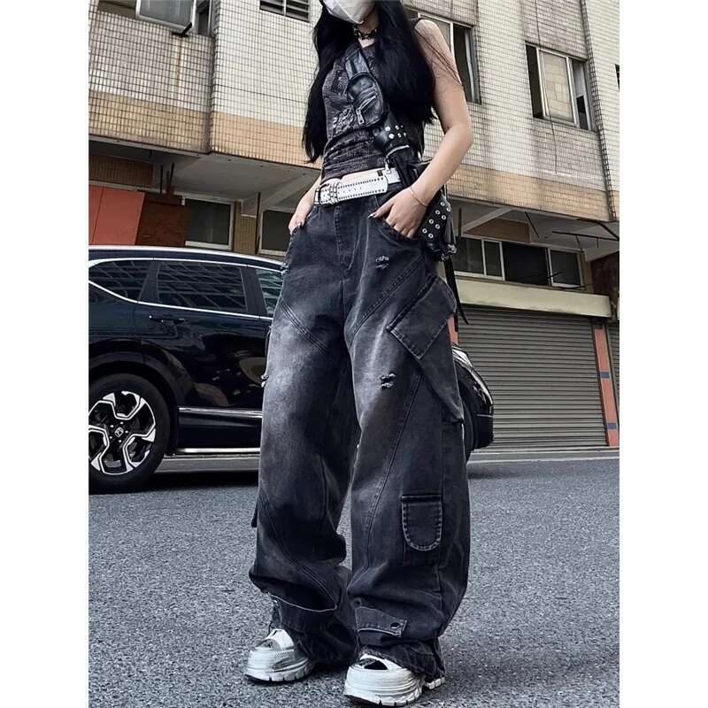 Black Womens Jeans High Waist Vintage Straight Baggy Pants Hip Hop 90S Y2k Design Sense Wide Leg Large Size Denim Trouser