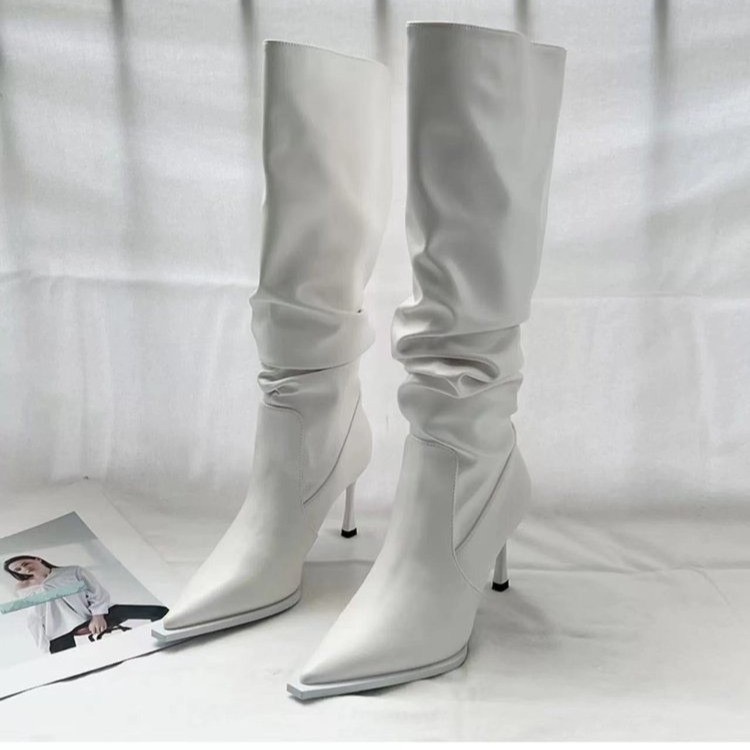 Sier Flat Bottomed Fashionable Pleated Long Grain Over Knee Boots Pointed New Low Heels Women Shoes