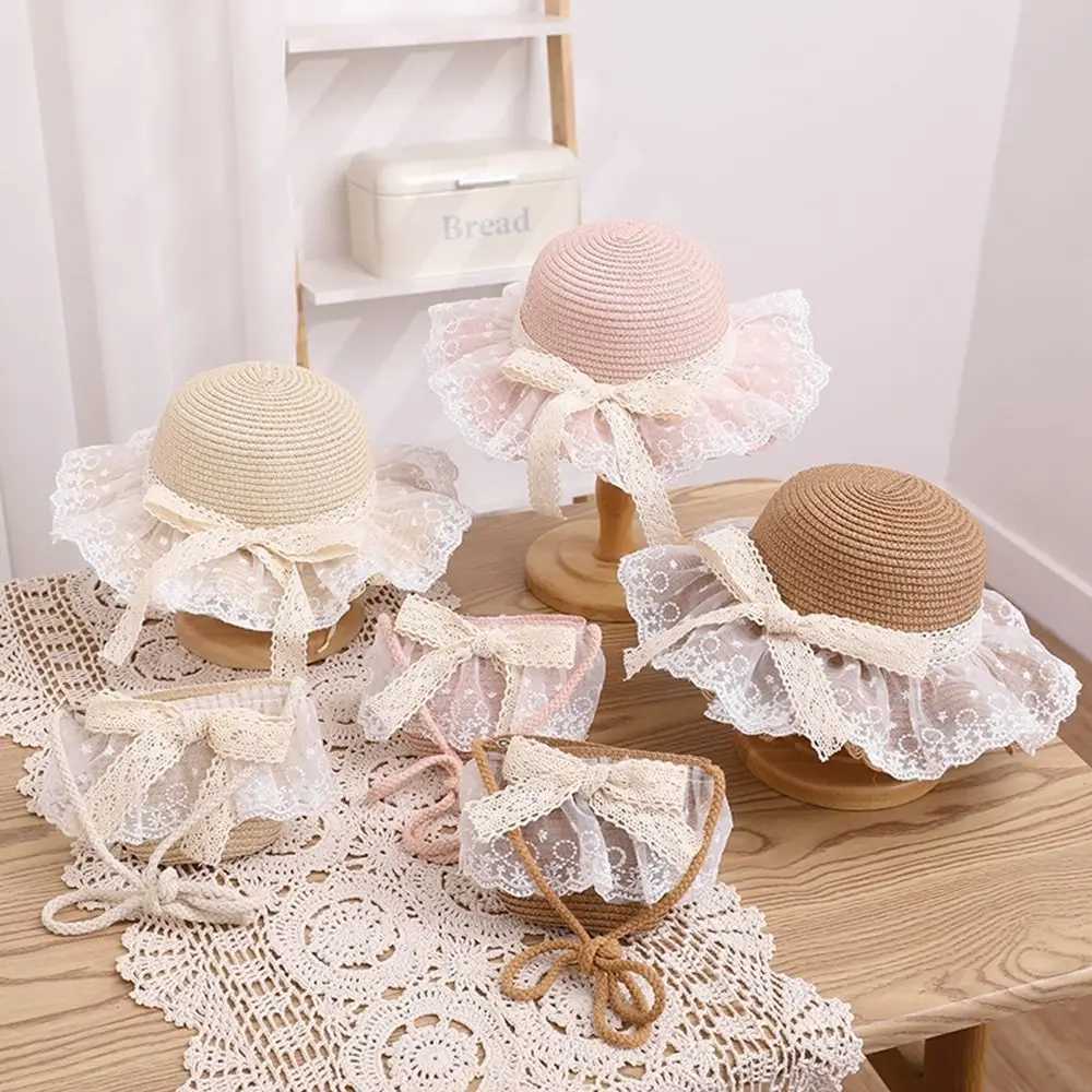 New straw hat wide Brim lace beach bucket hat fashionable bow grass hat baby bag W250217