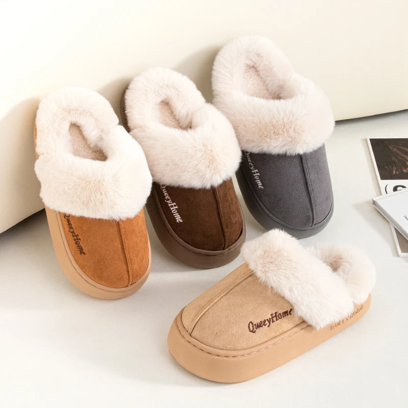 Queeyhome Winter Women Flat-Bottomed Plush Commute Solid Color Versatile Cotton Slippers Warm Cozy Indoor-Outdoor Man Shoes 250213