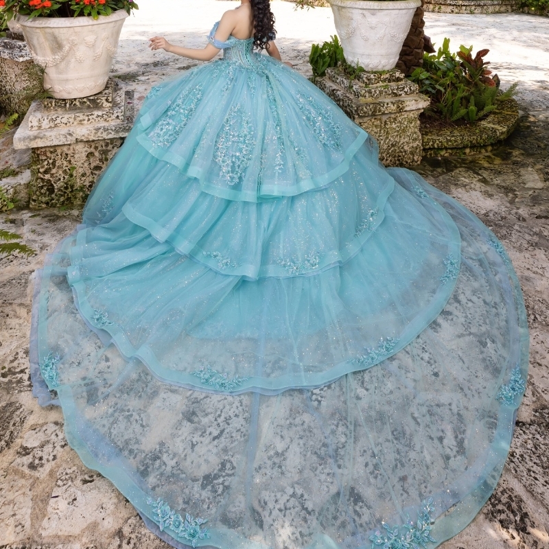 Water Blue Shiny Quinceanera Dresses Ball Gown Off Shoulder Appliques Lace Beading Crystal Tull Sweet 16 Dress Vestidos 15 De anos