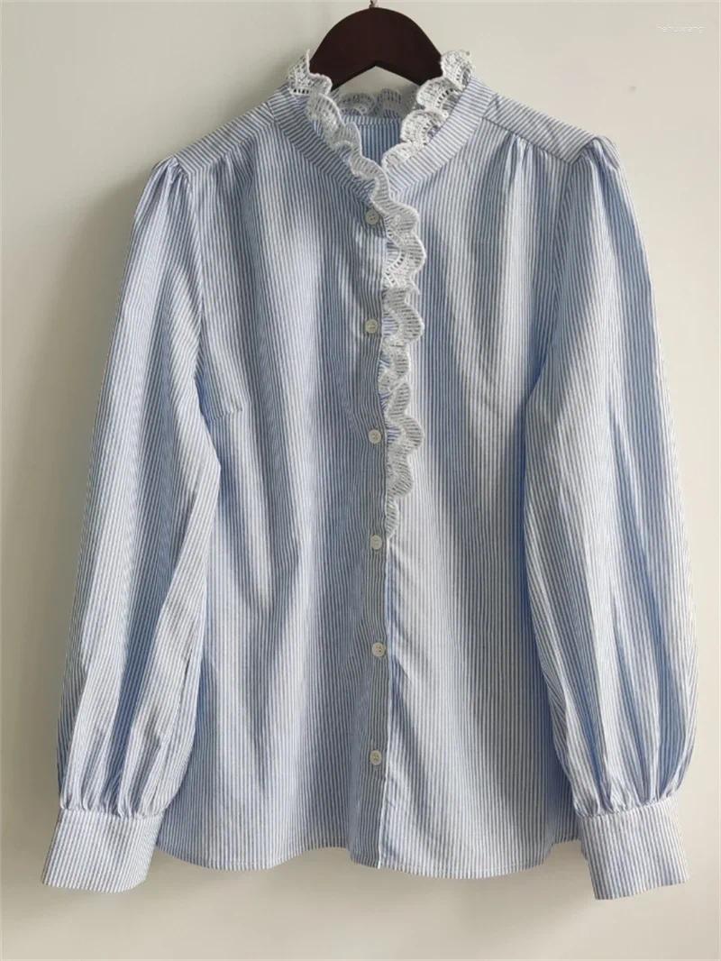 Women's Blouses Women Lace Embroidery Shirt White Or Stripes Ruffled Collar Long Sleeve Elegant Chemise 2025 Autumn Female Blouse