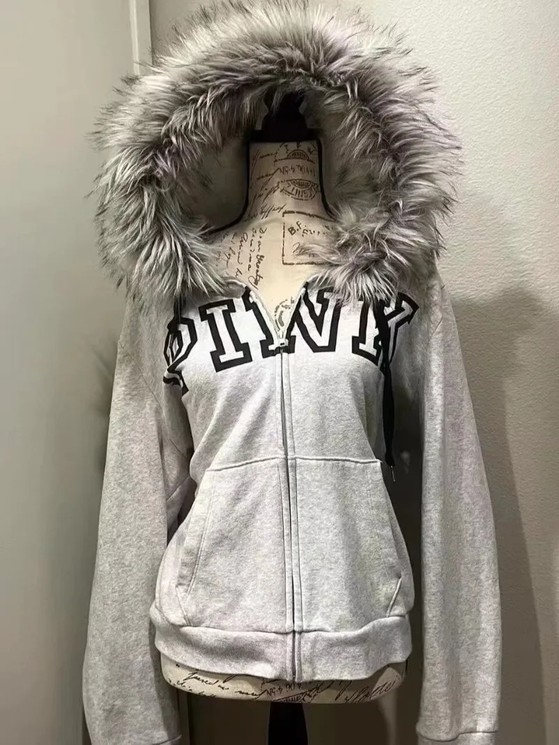 Street fashion winter personality print n zipper hoodie women Y2k Harajuku vintage fur collar warm loose jacket 250213