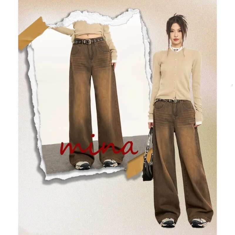 Women Brown Jeans Streetwear Fashion Y2k American Style High Waisted Wide Leg Jean Female Trouser Hip Hop Baggy 2025 Denim Pants