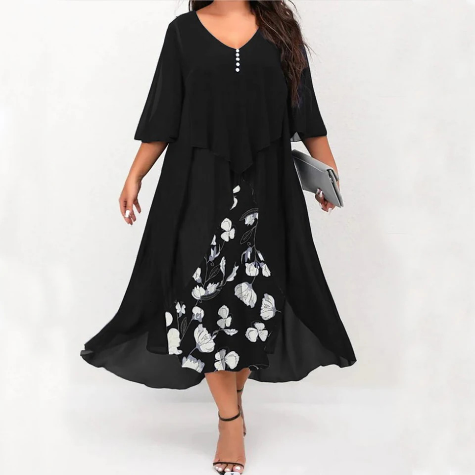 Enlarged XL5XL Elegant Fashion Vneck Loose Party Dress Chiffon Splicing Two Piece Irregular Half Sleeve Womens 250214