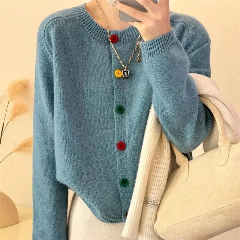 Japanese Sweet and Fresh Round Neck Colorful Button Knitwear Coat Academy Style Western Versatile Sweater Womens Cardigans 250211