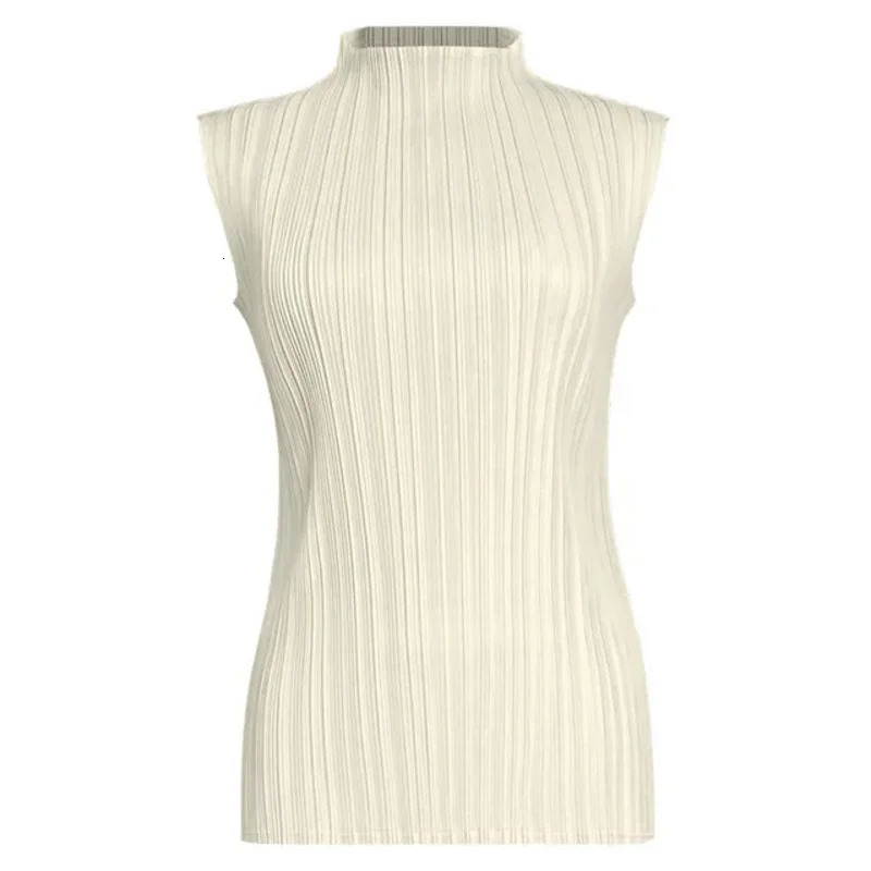 Miyake Pleated Elegant Fashion Temperament Solid Color Half High Neck Sleeveless Womens Vest Summer Breathable Top 250213