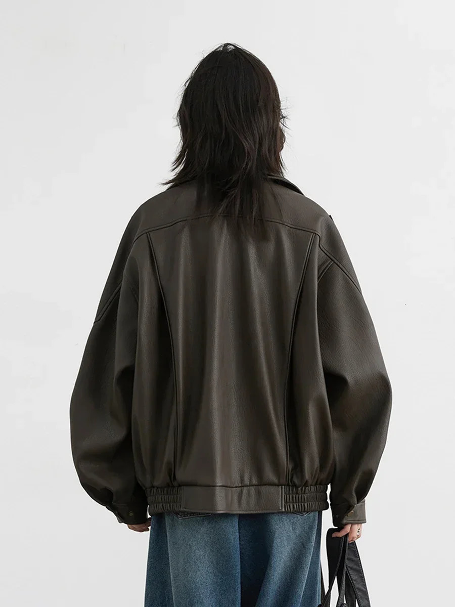 CHIC VEN Women Jackets Fashion Retro Loose Motorcycle PU Coat Solid Faux Leather jacket Female Clothing Autumn 250211