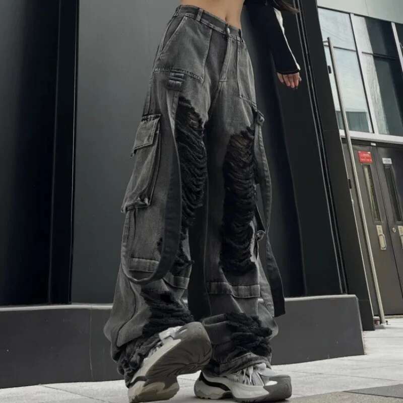 Grey Womens Ripped Jeans High Waist Vintage Classic Straight Baggy Pants Street Y2k American Style Wide Leg Denim Trouser