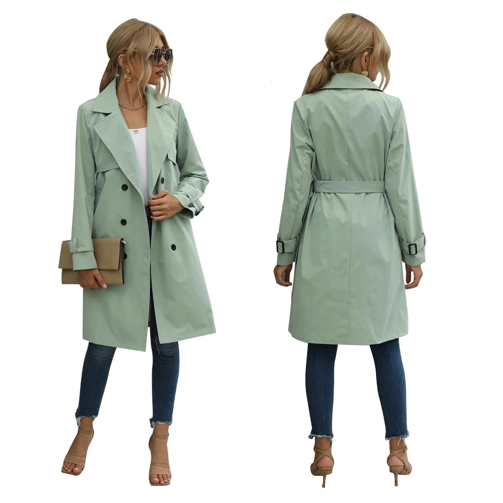 Fashion Women Casual Solid Color Coat Adults Autumn Elagant Long Sleeve Lapel Neck Double Breasted Belted Trench Coat 250214
