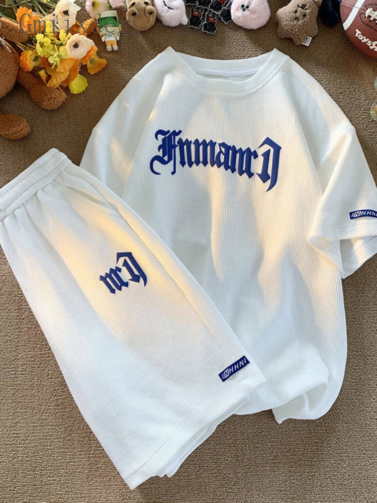 Gmiixder Hip Hop Waffle Casual Suit Men Loose Korean Short-sleeved Shirt Sports Shorts Summer Men Simple Letter Print 2pcs Set 250120