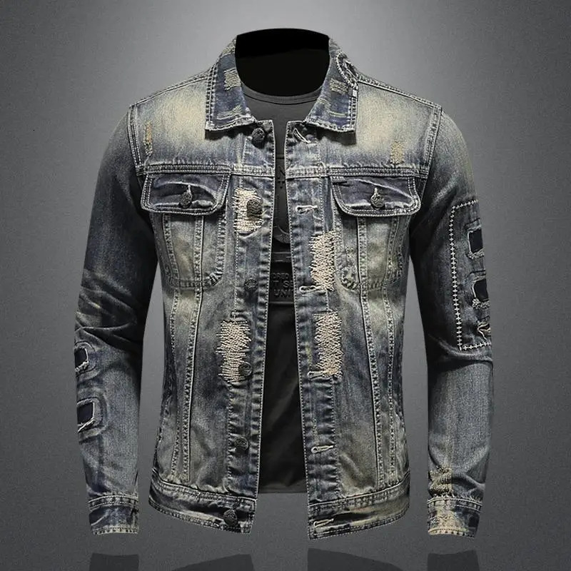 mens denim jacket retro trend loose casual handsome streetwear high street fashion hole Slim lapel w250210
