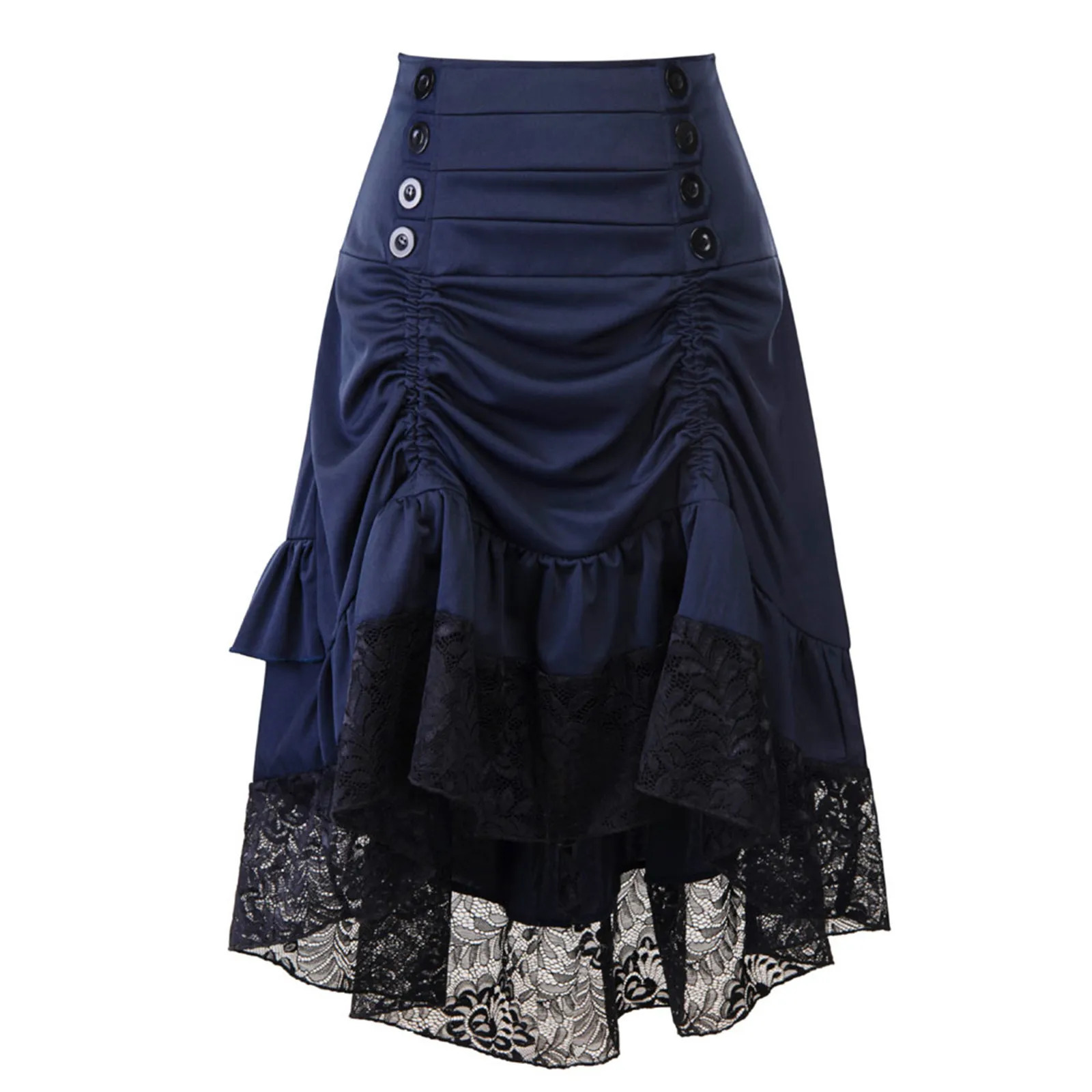 Halloween Half Skirts Gothic Solid Color High Waist Button Lace Stitching Ruched Drawstring Irregular Skirt Medieval Faldas 250211