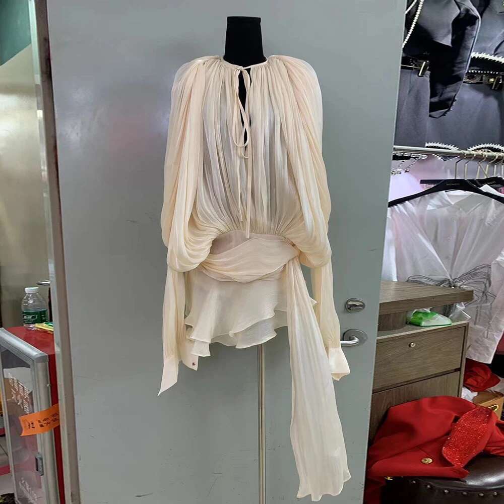 Minimalist Solid Loose Short Dresses For Women Round Neck Long Sleeve High Waist Spliced Lace Up Chic Dress Female Fashion