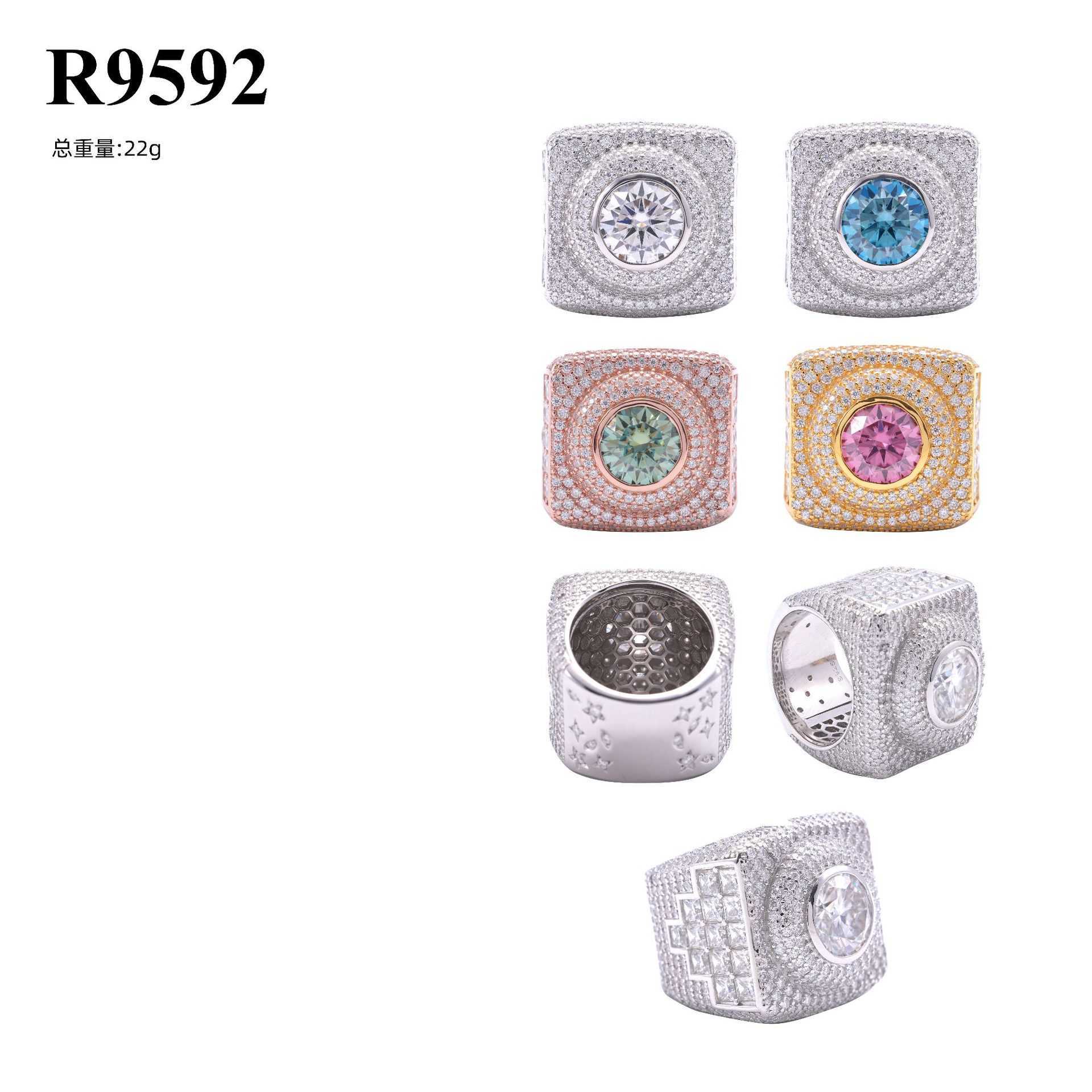 Hip hop new S925 silver inlaid main stone 4ct color Mozambique ring mens trendy accessory