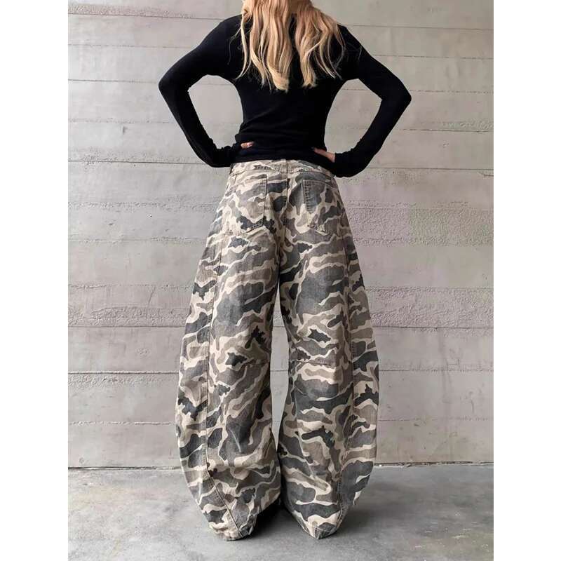 Camouflage Khaki Jeans Women Vintage High Waisted Straight Trouser Y2k American Streetwear Wide Leg Classic Denim Pants