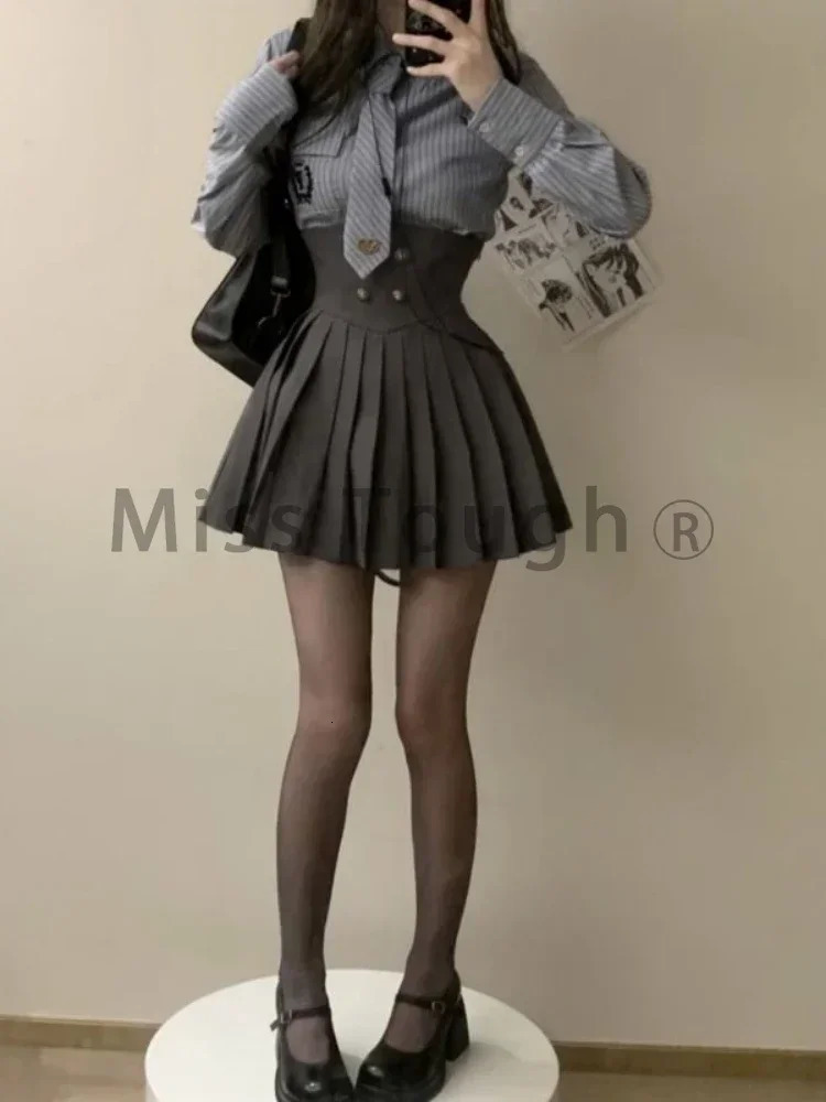 Winter Vintage 3 Piece Set Women Patchwork Kawaii Skirt Suit Female Korean Fashion Short CoatPleated SkirtStriped Shirt 250210