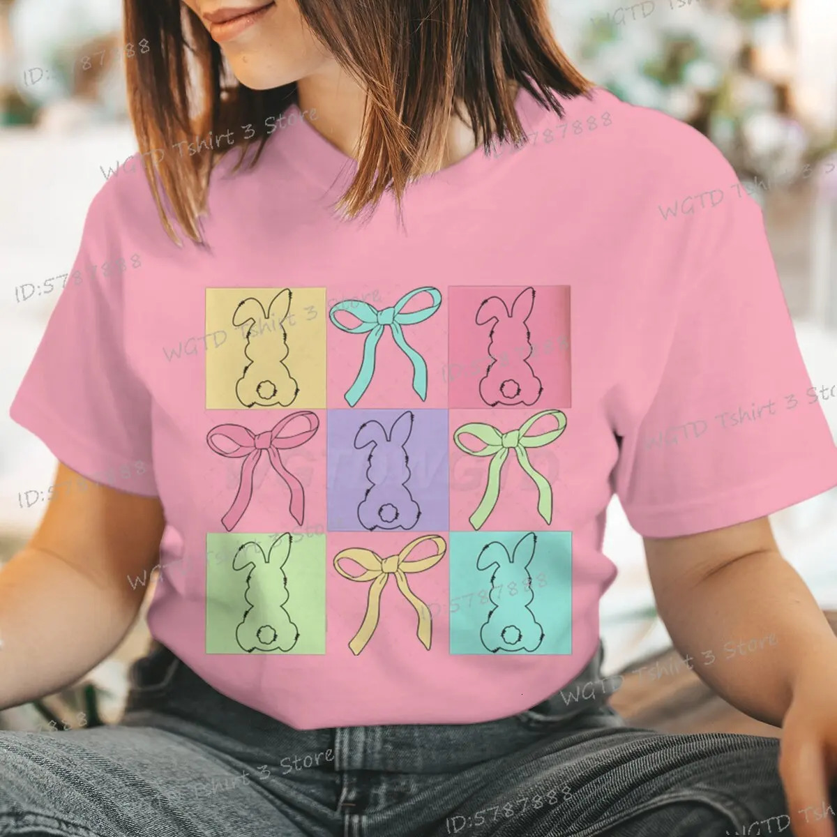 Woman T-shirts Easter Bunny Coquette Bow Graphic Tee Clothes Easter Vibes Shirt Gift for Her Vintage Easter Day Rabbit T-shirt 250217