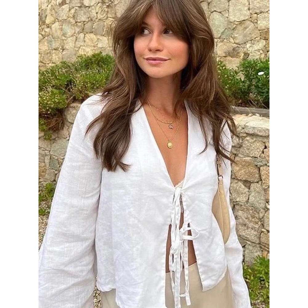 Cotton En Lace Up Bow Shirts Women Loose Hollow Out V Neck Long Sleeve Tops Female 2025 Spring New Lady Streetwear Top