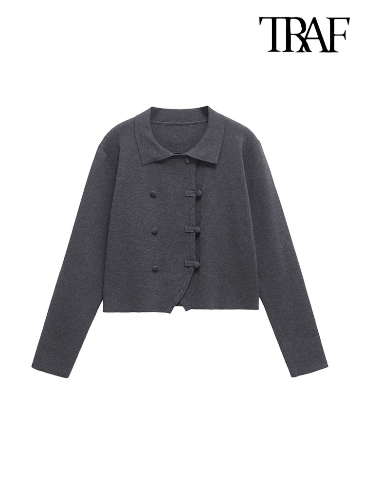 TRAFWomens DoubleBreasted Knit Cardigan Sweater Lapel Collar Long Sleeve Female Outerwear Chic Tops Fashion 250211