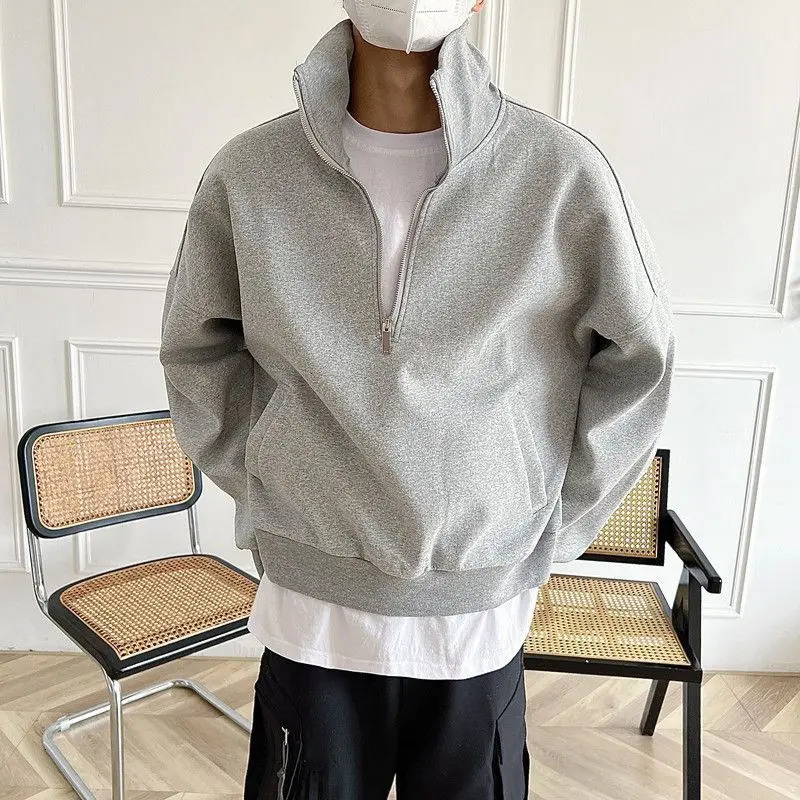 Korean trendy street personality high street solid color high end half zip sweatshirt jacket mens Y2K loose and versatile top 250211